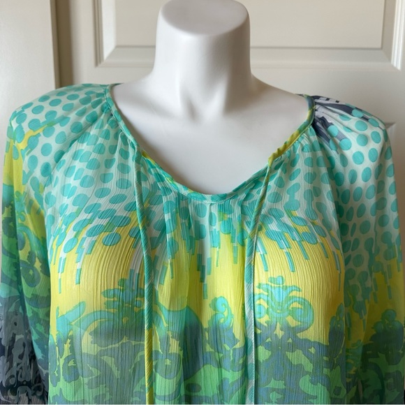 BCX Size Large Blue Green and Yellow Blouse - Picture 5 of 7
